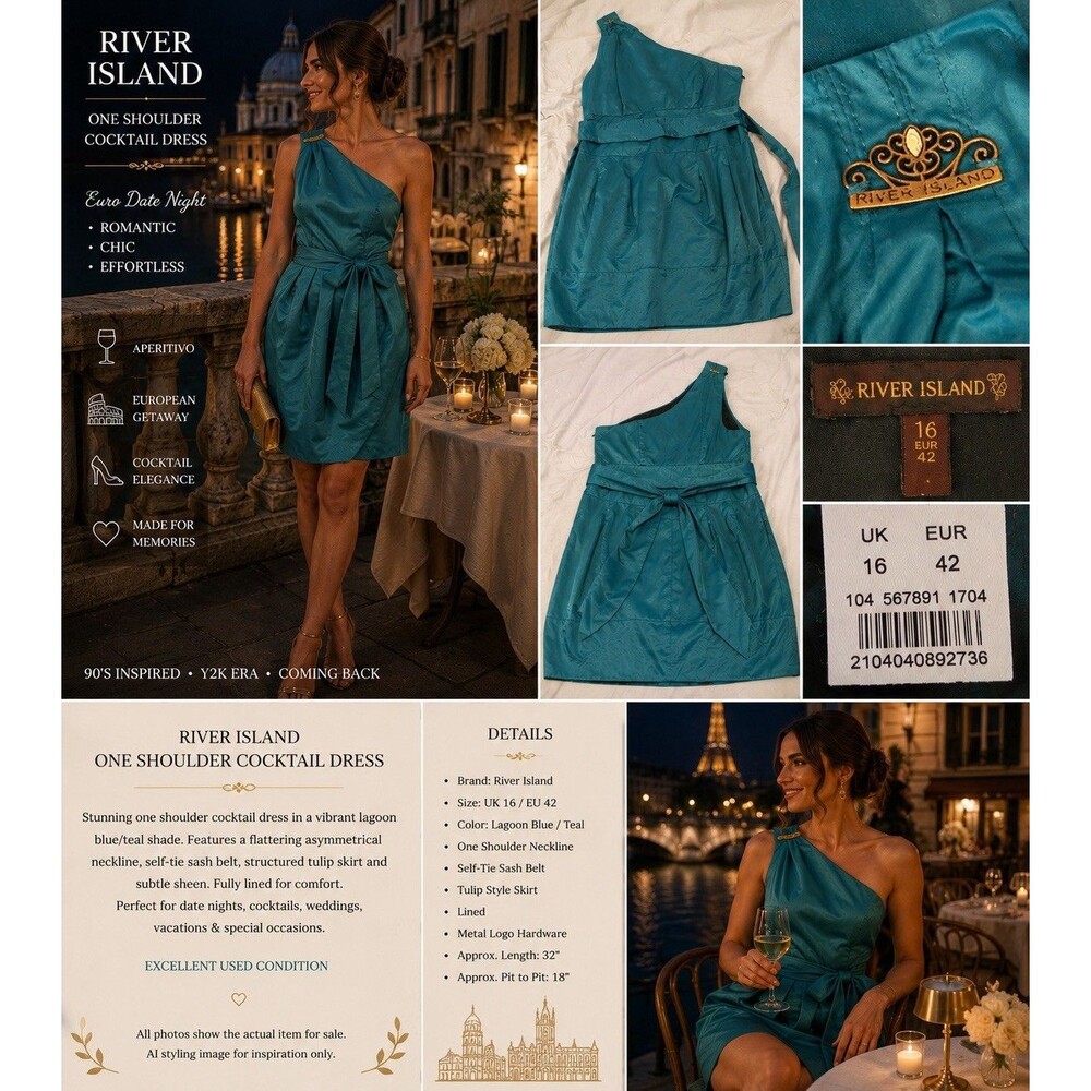 EUC River Island One Shoulder Cocktail Dress Teal Wedding Guest Resort Glam 12